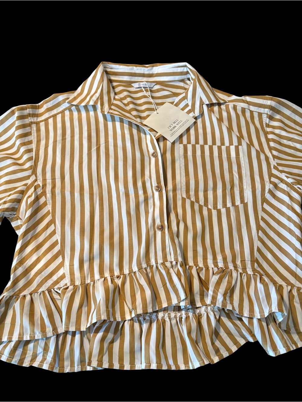 Cicy Bell NWT Striped Button-Front Ruffle Hem Top - Tan & White - Picture 2 of 10
